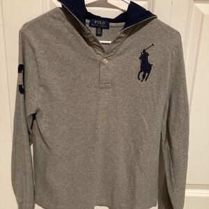 Boys Ralph Lauren hooded gray long sleeve polo shirt size large.